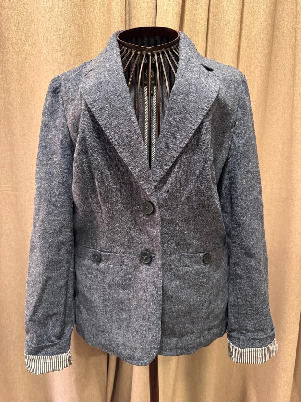 AMBER SUN Linen Blend Chambray Blazer Blue Striped Cuff Accent Size XS